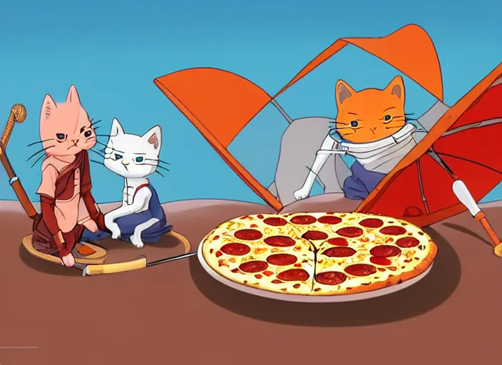 Image similar to cat samurai eating pizza together in the desert underneath an umbrella made of cheese, digital painting masterpiece, by ryan ottley and mœbius and hayao miyazaki and akira toriyama, 4 k wallpaper trending on pixiv