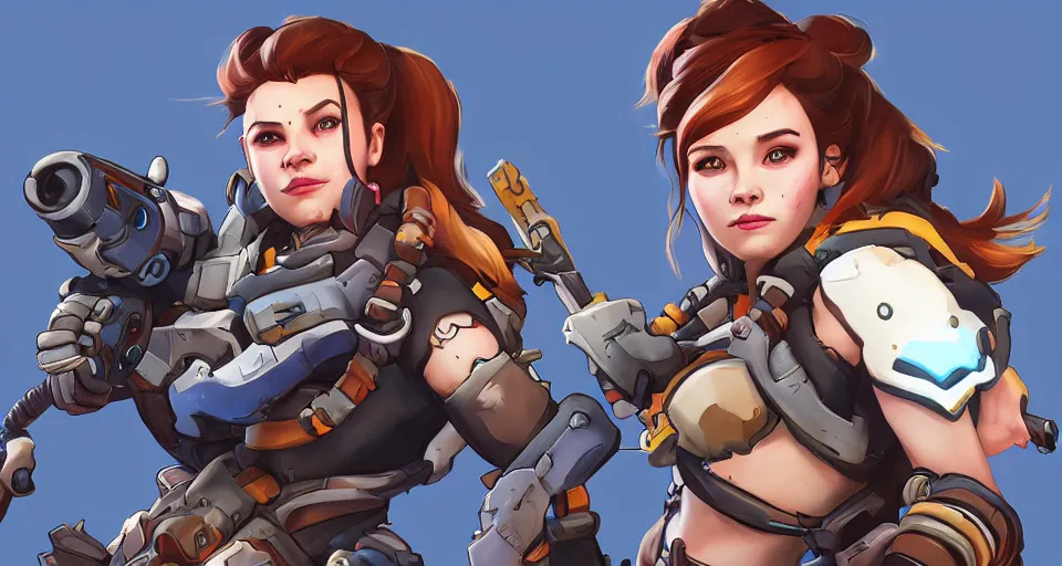 Image similar to overwatch, brigitte, horizon zero dawn, aloy, digital art