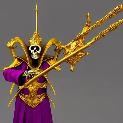 Prompt: a skeleton in a large wide purple robe, golden magical shoulder pads, in a hood, a red magic sphere in his chest, he holds a golden magic staff in his hands, stands next to a golden throne, realism, game quality, 3d render, proportions