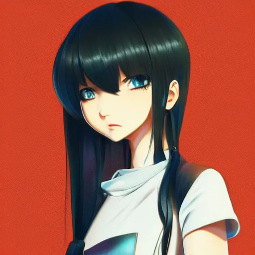 Prompt: shirt art, logo graphic design, frame around pciture, manga style, realistic lighting, futuristic solid colors, made by ilya kuvshinov, sold on sukebannyc, from arknights, front portrait of a girl, elegant, twintails hair, shoulder eyes, jpop clothing, sneaker shoes, simple background