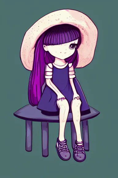 Image similar to a little girl wearing a mushroom hat in dress sitting | | purple curvy hair, pretty face, fine details, digial art by lois van baarle and sakimichan, anatomically correct, perfect composition, symmetrical, fantastic, clean details, anime character, extremely detailed