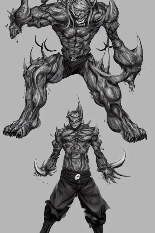 Image similar to full body shoot of a manga half demon character by Tomohiro Shimoguchi, small two horns in the head,worn pants,T-shirt,highly detailed, trending on artstation,manga