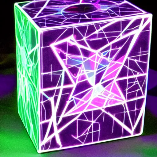 Prompt: banksy graffiti on magical black light prism cube, 1 9 9 9 aesthetic