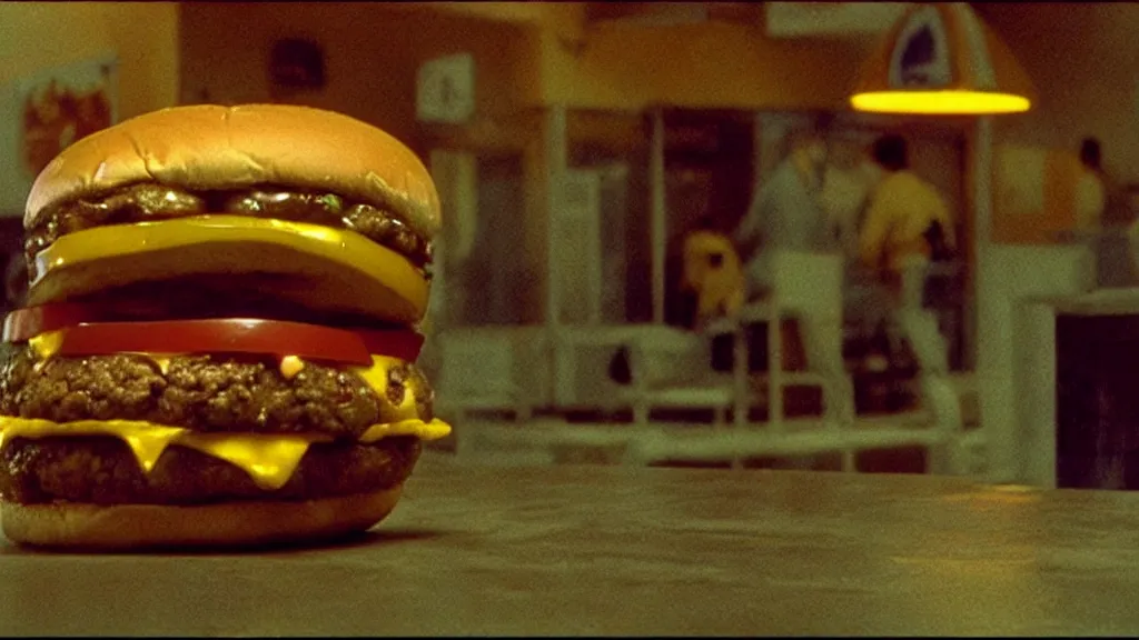 Image similar to the strange cheeseburger creature at the fast food place, film still from the movie directed by denis villeneuve and david cronenberg with art direction by salvador dali and zdzisław beksinski, wide lens