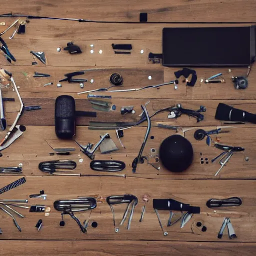 Prompt: a microphone taken apart and all its parts laid out neatly on a table