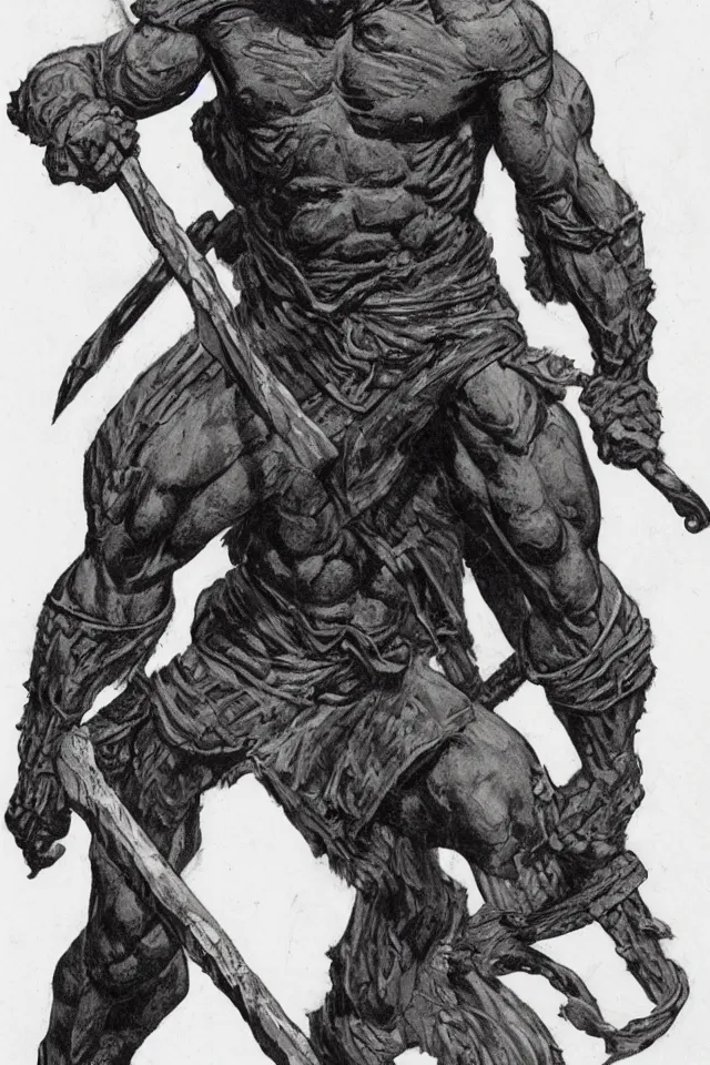 Prompt: full-length figure of a muscular warrior,in the style of Bernie Wrightson