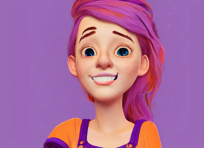 Prompt: portrait Girl with orange hair and freckles, purple background, cute-fine-face, pretty face, realistic shaded lighting by disney character style,