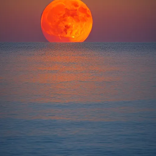 Image similar to orange full moon rising over the lake horizon at night, photograph, iso 1 0 0 0