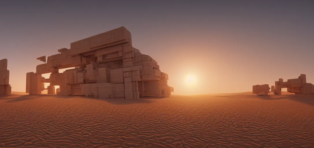 Image similar to view from the desert ground of futuristic blocky brutalist structure at dusk, the sun has just set, glowing heat haze, mirage, light rays, symmetry, cinematic lighting, ultra detailed, sharp, ambient occlusion, bloom, raytracing, by greg rutowski, finnian macmanus and jessica rossier