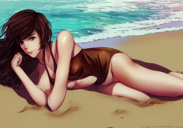 Image similar to A girl with short brown hair, wearing a swimsuit, laying on the beach drawn by WLOP, by Avetetsuya Studios, attractive character, colored sketch anime manga panel, trending on Artstation