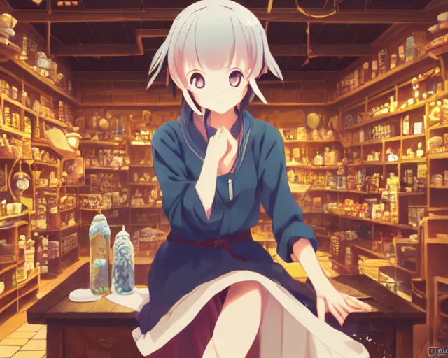 Image similar to anime visual, portrait of a young female traveler drinking a potion in a alchemist's shop interior, cute face by yoh yoshinari, katsura masakazu, cinematic lut, cool studio lighting, dynamic pose, dynamic perspective, strong silhouette, anime cels, ilya kuvshinov, cel shaded, crisp and sharp, rounded eyes, moody