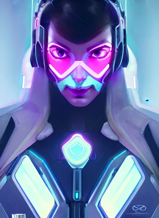 Image similar to symmetry portrait of dva from overwatch, closeup, sci - fi, tech wear, glowing lights intricate, elegant, highly detailed, digital painting, artstation, concept art, smooth, sharp focus, illustration, art by artgerm and greg rutkowski and alphonse mucha