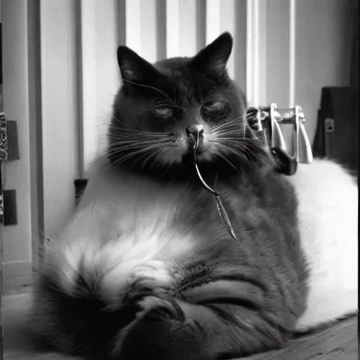 Image similar to cat with walrus tusks, photo taken in kitchen