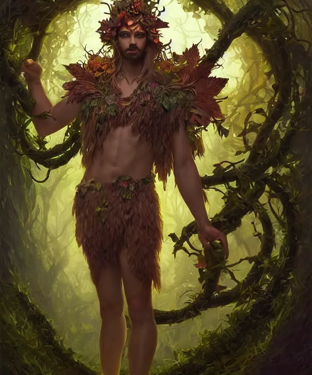 Image similar to a male! spore druid with leaf and vine themed clothing, fully clothed, glowing energy, d & d, fantasy, intricate, cinematic lighting, highly detailed, digital painting, artstation, concept art, smooth, sharp focus, illustration, subject in the middle of the frame, art by artgerm and greg rutkowski and alphonse mucha