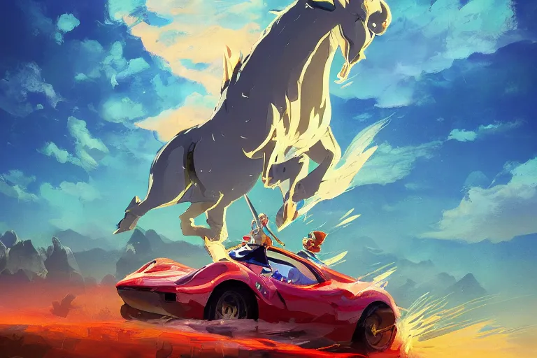 Image similar to the ferrari, zelda breath of the wild, in the style of studio ghibli and vicente segrelles, trending on artstation, back lighting tilt - shift cottagecore, abstract illusionism, movie poster, creature concept art, precisionism