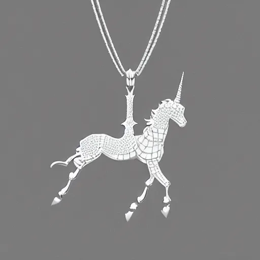 Image similar to a lovely silver unicorn necklace pendant, 3 d rendering, in the style of pandora, tiffany, swarovski, van cleef & arpels, cartier, boucheron, bulgari, chaumet, elegant, noble, stylish