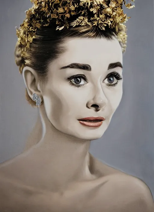 Image similar to an oil on canvas face and shoulders portrait! face-close-up of Audrey Hepburn as Galadriel , wavy hair covered by an orchid floral crown. The royal dress is made of intricate gold and silver threads with jewellery, composing complex geometrical patterns, zenithal lighting, shot on 70 mm, by Alina Ivanchenko and Hirothropologie and Patrick DeMarchelier .