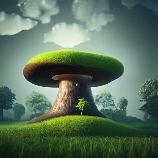 Prompt: mushroom designed as a house, clouds, tall trees, octane render, volumetric, unreal engine