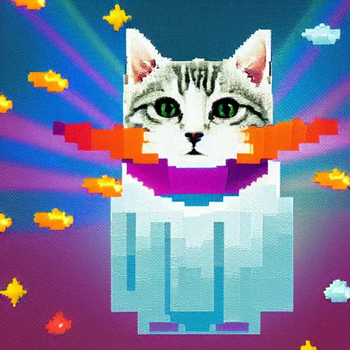 Prompt: Pixel art grey cat between toasts flying in space with rainbow trail