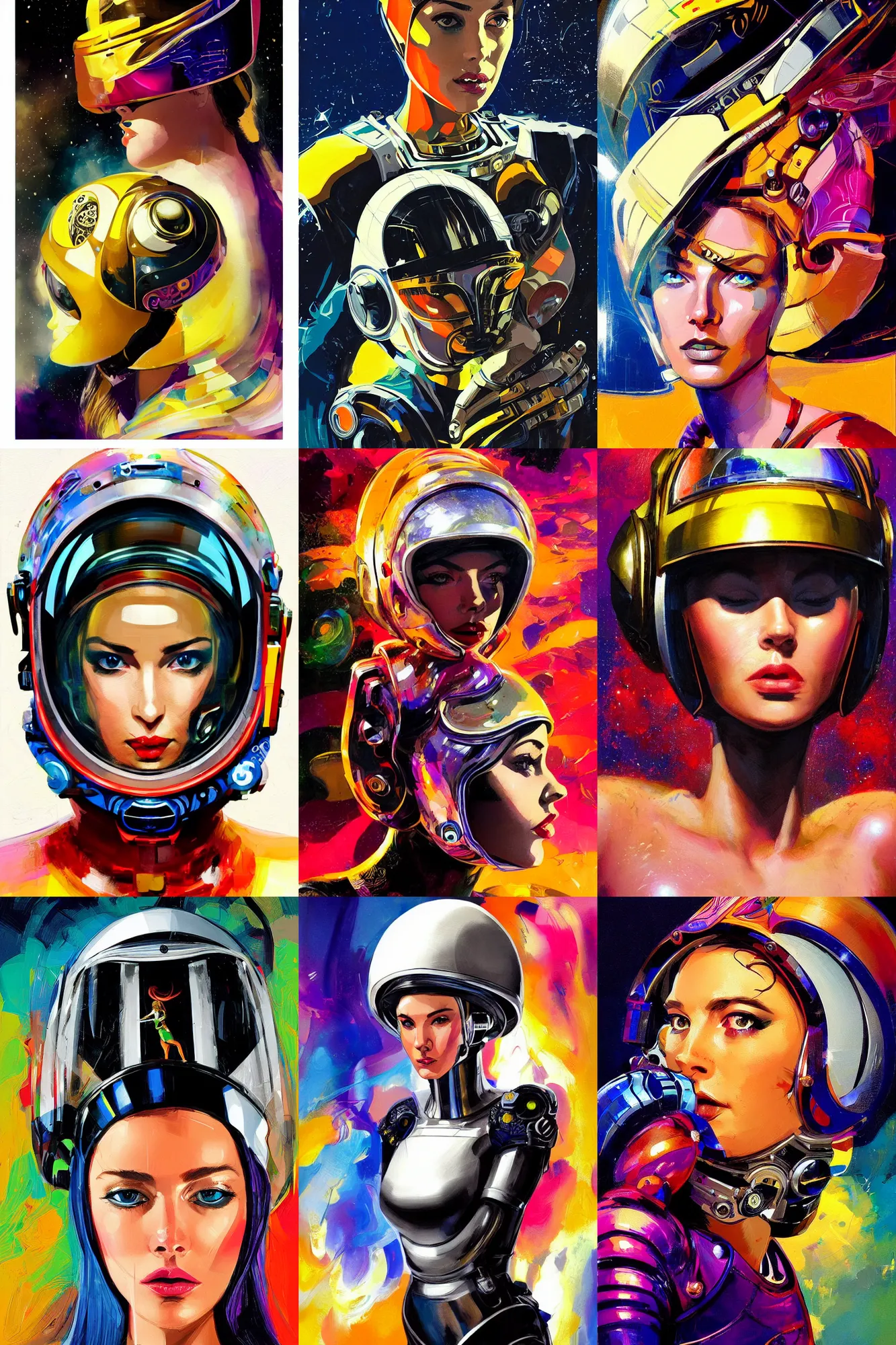 Prompt: ink illustration, beautiful portrait of a spacegirl with futuristic helmet, medium shot, centered face, hypermaximalist, kodak ektar, intricate, triadic color scheme, highly detailed, digital painting, artstation, cgnode, concept art, smooth, sharp focus, dramatic lighting. art by phil hale and brad rigney and francis bacon