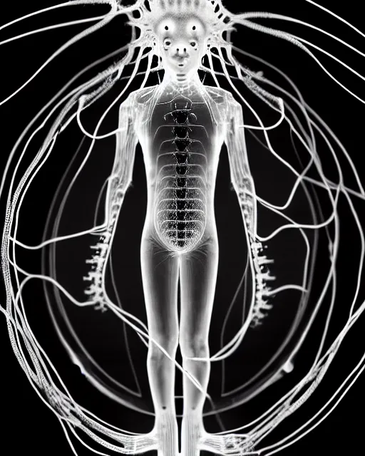 Prompt: black and white young cyborg-human-jellyfish-plant goddess high quality photo, microchip, artificial intelligence, bio-mechanical bio-luminescence, black wired cables, neurons, nerve cells, octane render, cinematic, rim light, hyper realism, photo-realistic, high detail, 8k, masterpiece, high fashion, in the style of H.G. Giger