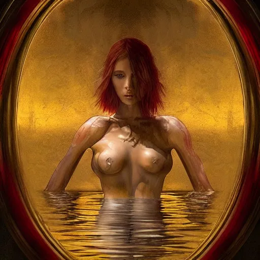 Image similar to Rachel Cook full body laying in a blood red pool of water between a golden mirror frame, outside is space and inside the mirror frame is a beautiful landscape., physically accurate, dynamic lighting, intricate, elegant, highly detailed, digital painting, artstation, HR GIGER, Hieronymus Bosch, Francis Bacon, concept art, smooth, sharp focus, illustration, art by artgerm and greg rutkowski and alphonse mucha