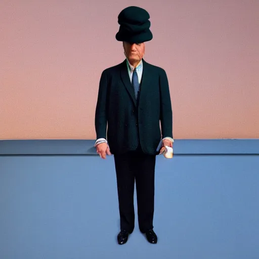 Image similar to portrait of a man wearing pants hat, realphoto render by rene magritte