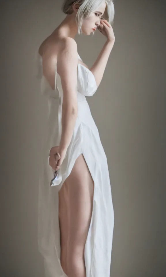 Image similar to photo of gorgeous seductive tall emily skinner cosplaying annie leonhart wearing elegant white dress, wearing open toe heels, in a white room, beautiful face, pale skin, rule of thirds, cinematic lighting, rainy weather, melancholy atmosphere, sharp focus, backlit, stunning, smooth, hard focus, full body shot, studio photo, shot on sony a 7 iii, hyper realistic,
