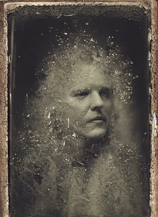 Prompt: old wetplate daguerreotype portrait with crackle skin, explosion of data fragments, fractal, intricate, elegant, highly detailed, parallax, leica, medium format, subsurface scattering, by jheronimus bosch and greg rutkowski and louis jacques mande daguerre