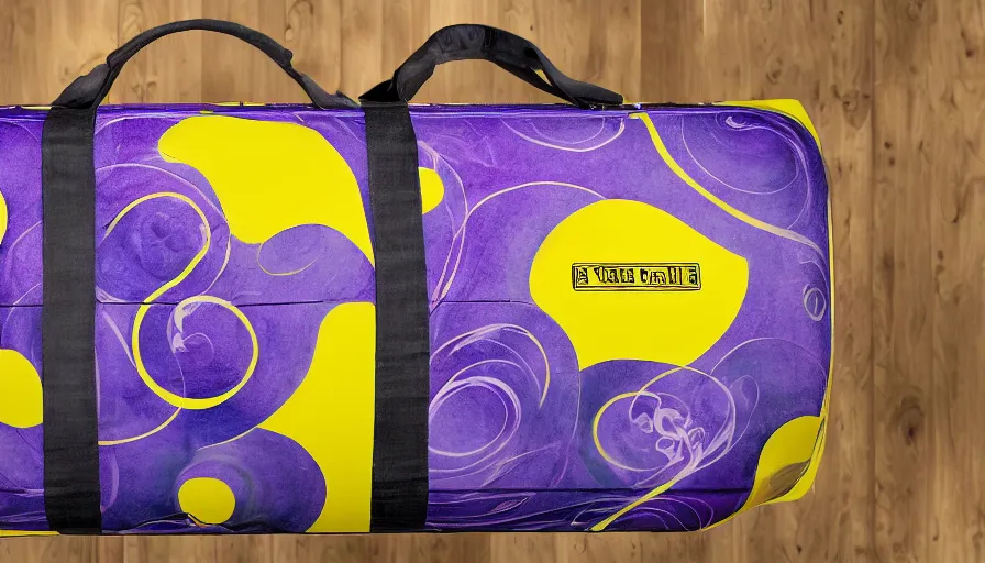 Prompt: yellow and purple swirl suitcase, photograph