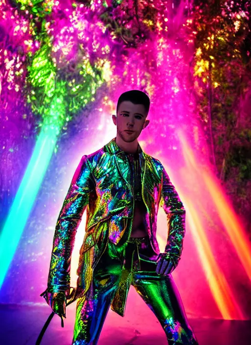 Prompt: photo of baroque and bladerunner delicate neon emerald sculpture of seductive prince nick jonas pink iridescent humanoid deity wearing metallic jungle leaves, crystal tigers, glowing rainbow lights, crown made of hands, cinematic lighting, photorealistic, octane render 8 k depth of field 3 d