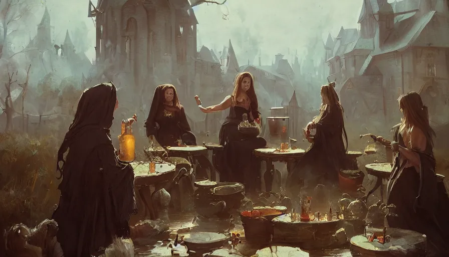 Image similar to A beautiful painting of witches brewing with a cauldron by greg rutkowski and Kalin Popov, trending on artstation