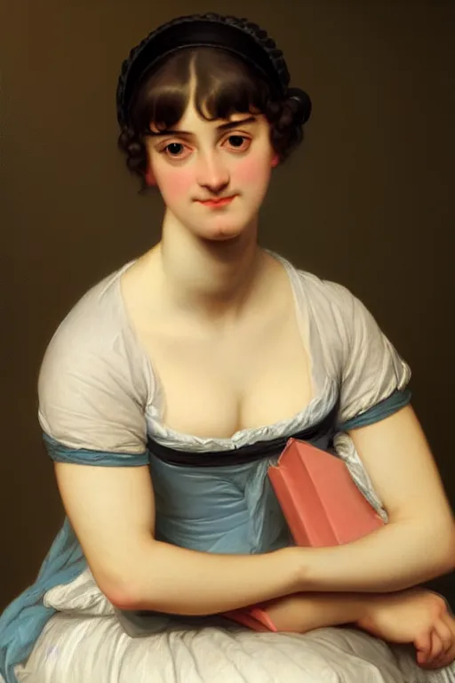 Prompt: jane austen, painting by jacques - louis david, andrea appiani, jean auguste dominique ingres, theodore gericault. rossetti bouguereau, detailed art, artstation