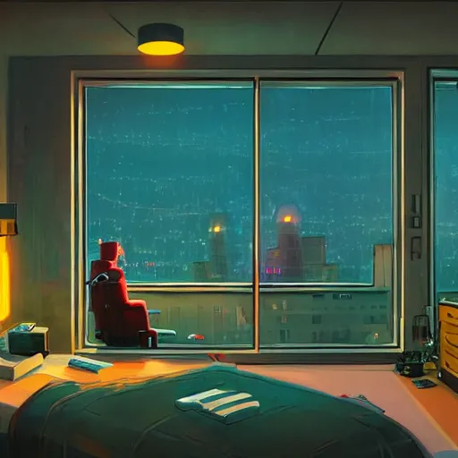 Image similar to Hacker's Room, View at the night city through the Window, night, lights, Volumetric lighting, Simon Stålenhag