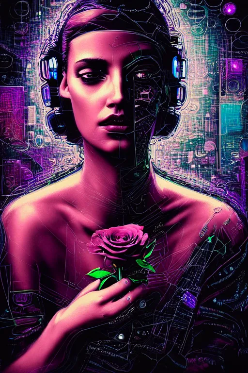 Prompt: dreamy cyberpunk space princess smelling a rose, abstract black leather, digital nodes, beautiful woman, detailed acrylic, grunge, intricate complexity, by dan mumford and by lee jeffries, peter lindbergh