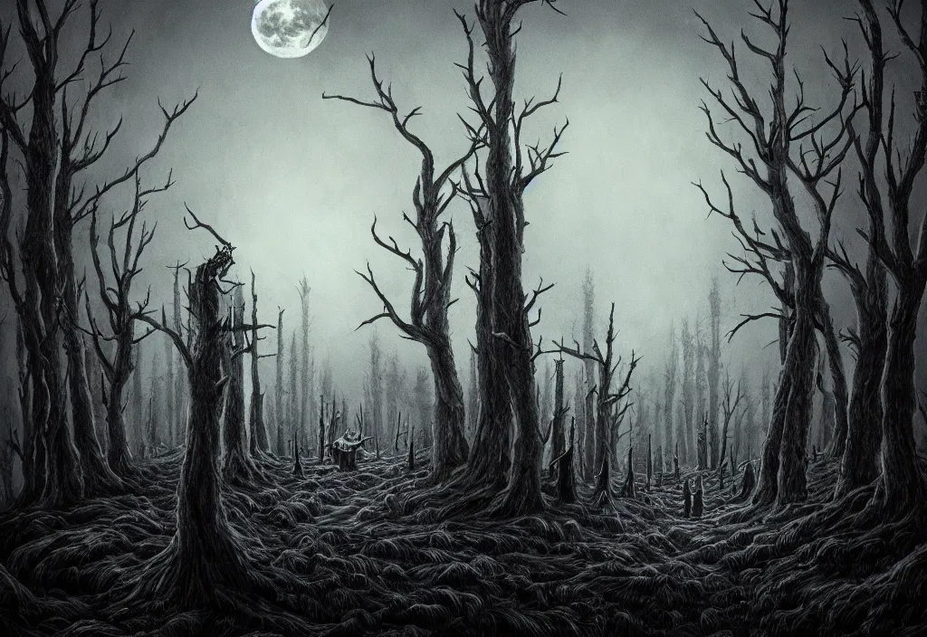 Image similar to folk horror illustration of the unknown nightmare place with the dead pines, horrifying nightmare forest at night, under a dead moon, 8k resolution artwork, horror art, eerie, creepy, trending on artstation, painting, elaborate excellent painted illustration, smooth, sharp focus