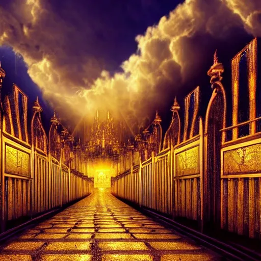 a long path to the gates of heaven with glowing