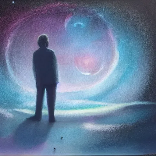 Prompt: a pastel painting of a brooding galactic king staring at the galaxy outside their giant window