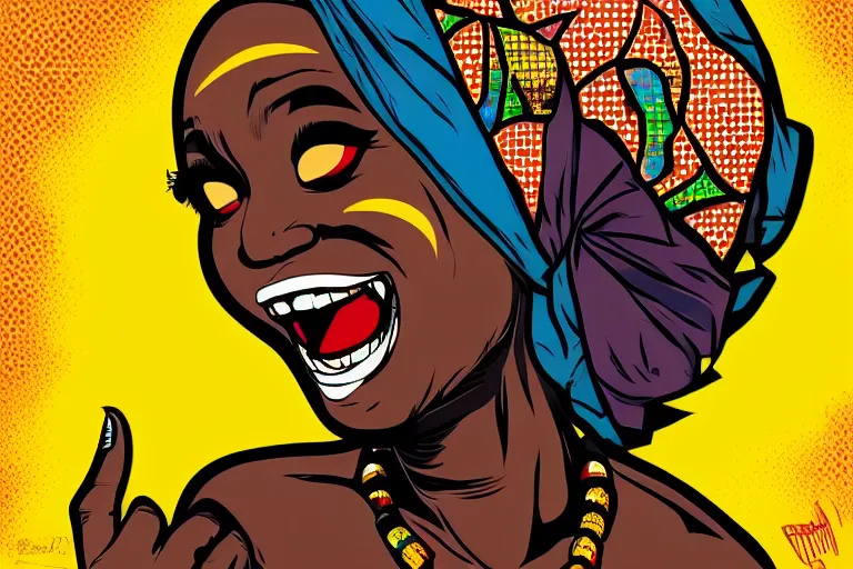 Image similar to mama africa laugh at her child!!! pop art, pixel, bioshock, gta chinatown, artgerm, richard hamilton, mimmo rottela, julian opie, aya takano, intricate, sharp focus, concept art, smooth, focus on details