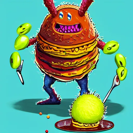 Image similar to a tennis ball monsters eating pancakes, colorful, digital art, fantasy, magic, chalk, trending on artstation, ultra detailed, professional illustration by basil gogos