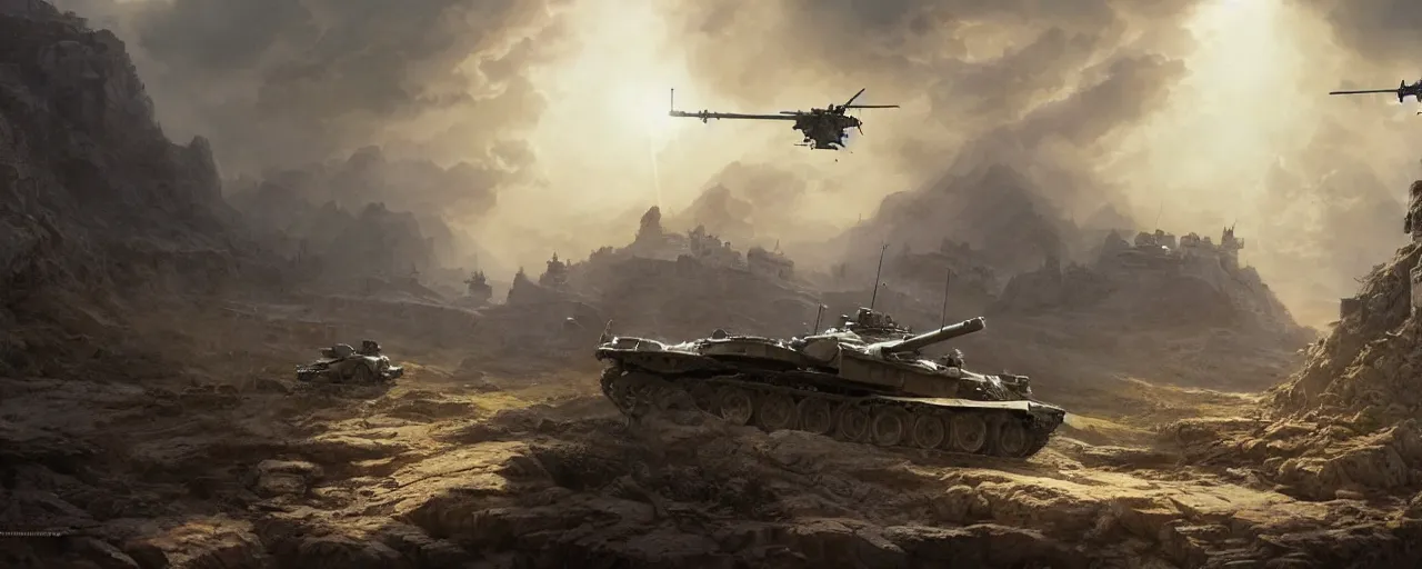 Image similar to main battle tank and helicopter at war, in the ancient abandoned city epic scene, at middle earth, volumetric lighting, futuristic, intricate, highly detailed, digital painting, artstation, concept art, cinematic, smooth, sharp focus, illustration, unreal engine 5, 8 k, art by artgerm and greg rutkowski and alphonse mucha