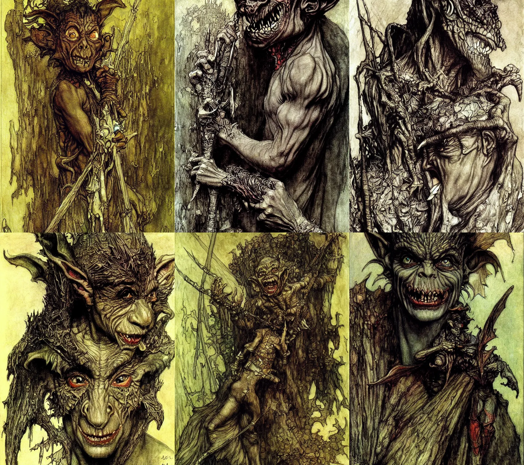 Prompt: Evil goblin concept art. Extremely high detail, details, realistic, masterpiece, colorful. Portrait painting by Arthur Rackham, Muzinabu, Johann Tischbein, Eugene de Blaas, Frederic Leighton, Harry Clarke