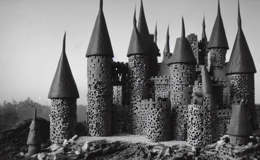 Image similar to an old black-and-white photograph of a Lego castle