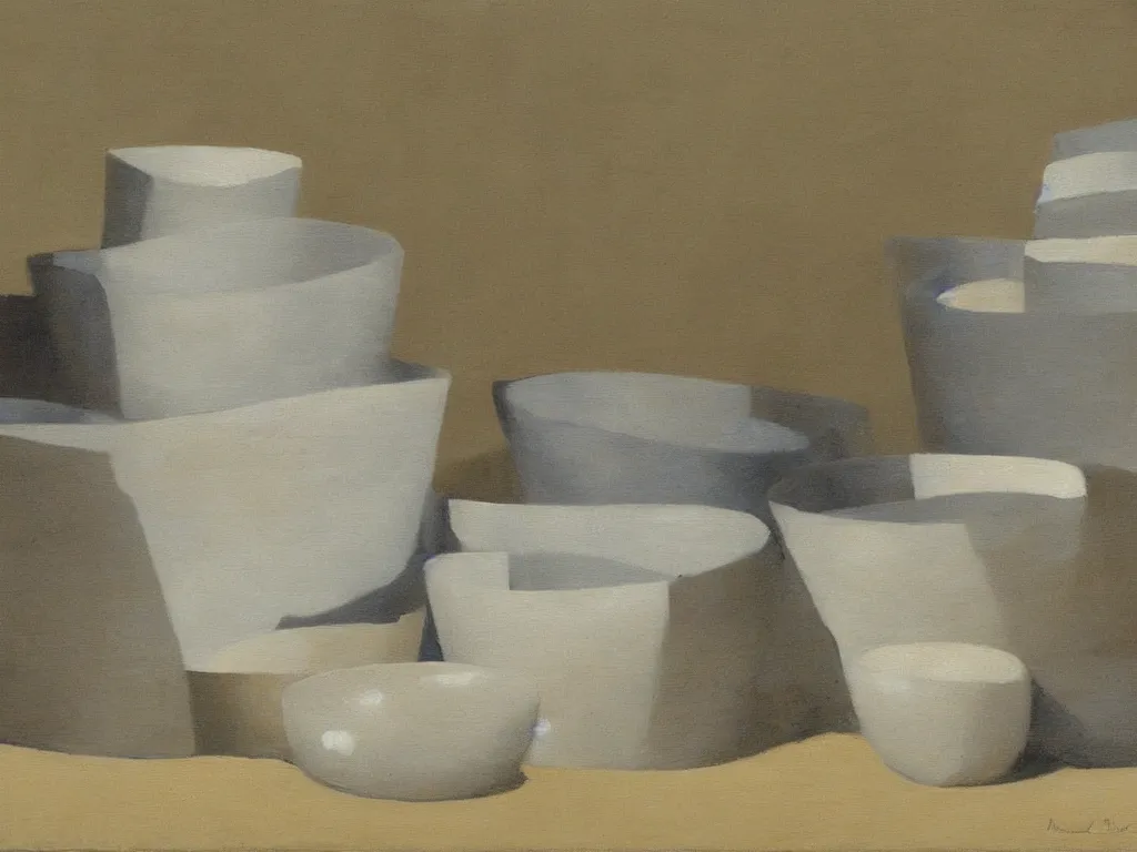 Image similar to ceramic bowls, sculptures catching water from the rain. Painting by Morandi