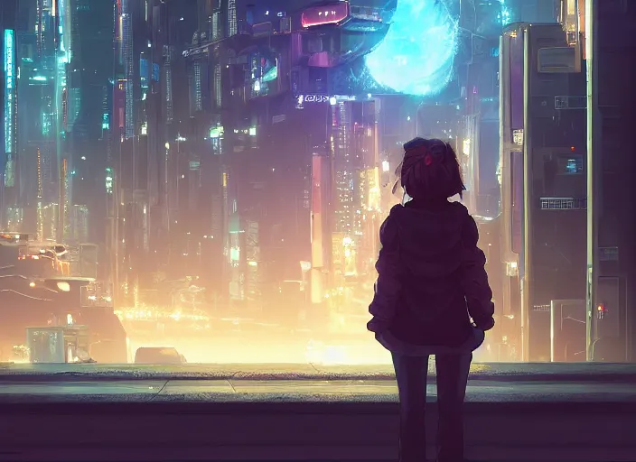 Image similar to girl staring at a meteorite hitting a floating cyberpunk city at night by wlop, key visual, high detail, digital art