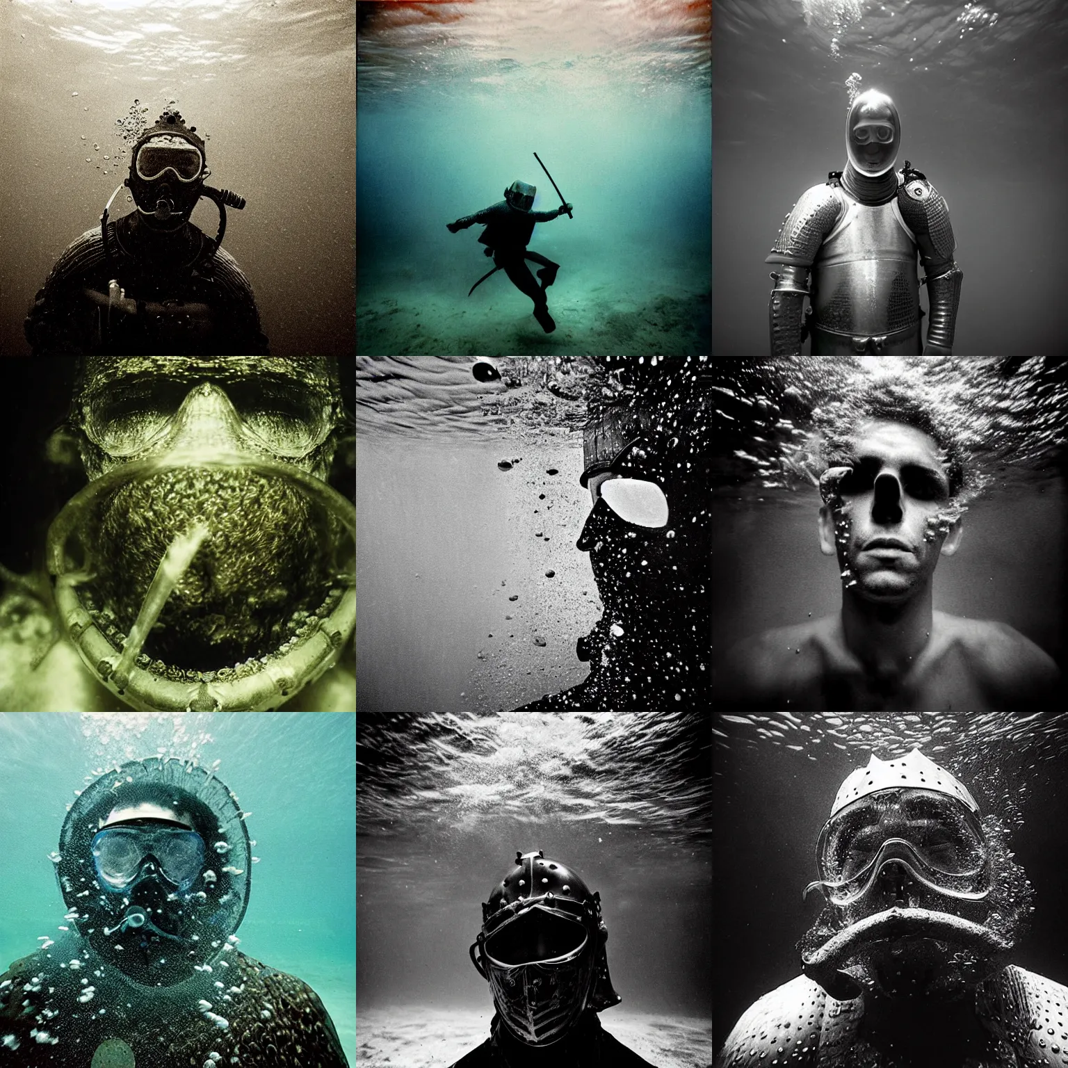 Prompt: Underwater close up portrait of a medieval knight by Trent Parke, clean, detailed, Magnum photos