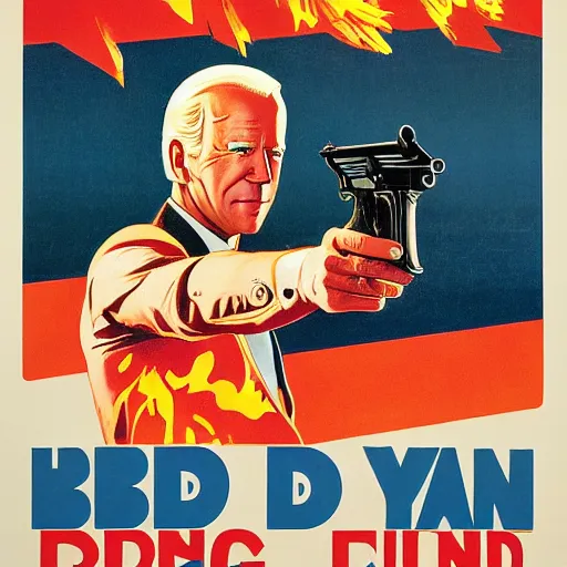 Image similar to propaganda poster of joe biden pointing gun directly at camera in james bond movie, closeup of gun, visible barrel and grip by j. c. leyendecker, bosch, lisa frank, jon mcnaughton, and beksinski