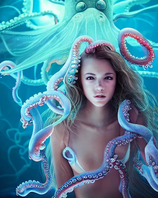 Prompt: a beautiful girl underwater wearing an octopus dress surrounded by glowing jellyfish, 8 k realistic, hyperdetailed, beautiful lighting, detailed background, depth of field, symmetrical face, frostbite 3 engine, cryengine