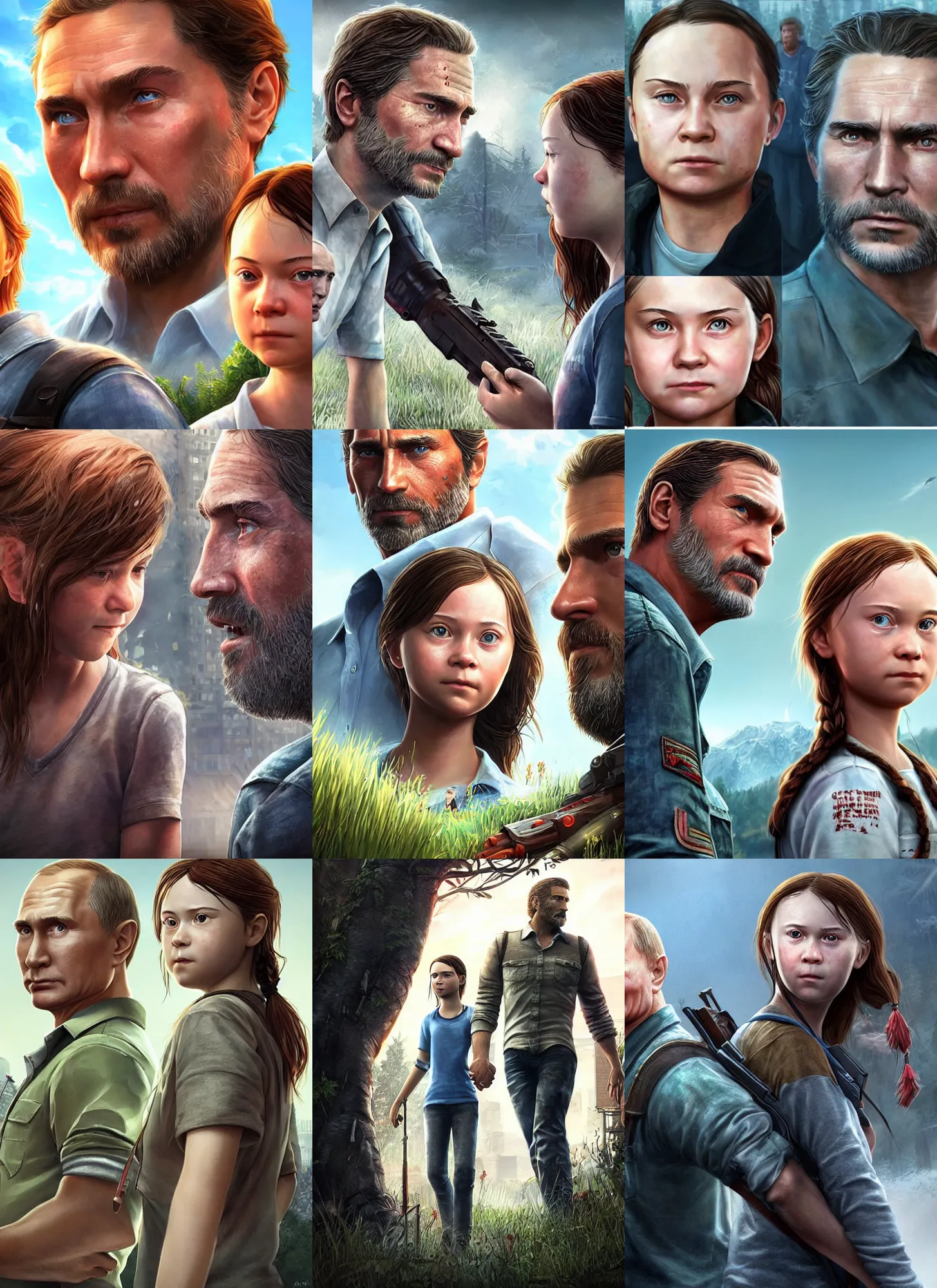 Prompt: clean shaven vladimit putin, ultrarealistic video game screenshot of real vladimir putin and real greta thunberg in the video game last of us, 8 k high quality art by artgerm alonzo mecha