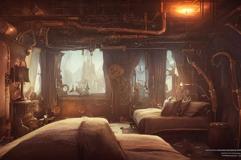 Image similar to Interior of a steampunk bedroom, 3d scene, render, ultra realistic, zenith view, Greg Rutkowski, artstation, cgsociety, level design, unreal engine alien whale flying over a steampunk city, 3d scene, render, ultra realistic, zenith view, Enki Bilal style